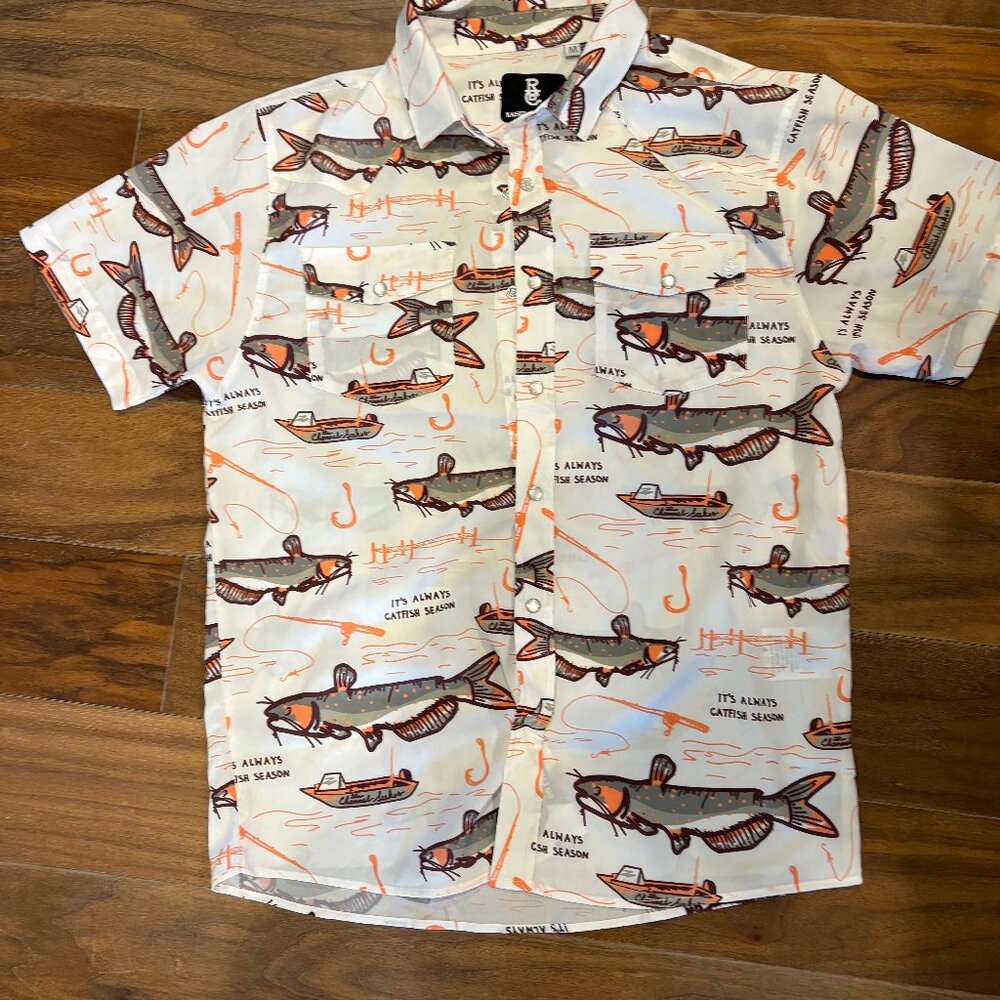 Raised by Coyotes - Catfish print -Button down, pearl snaps shirt - M